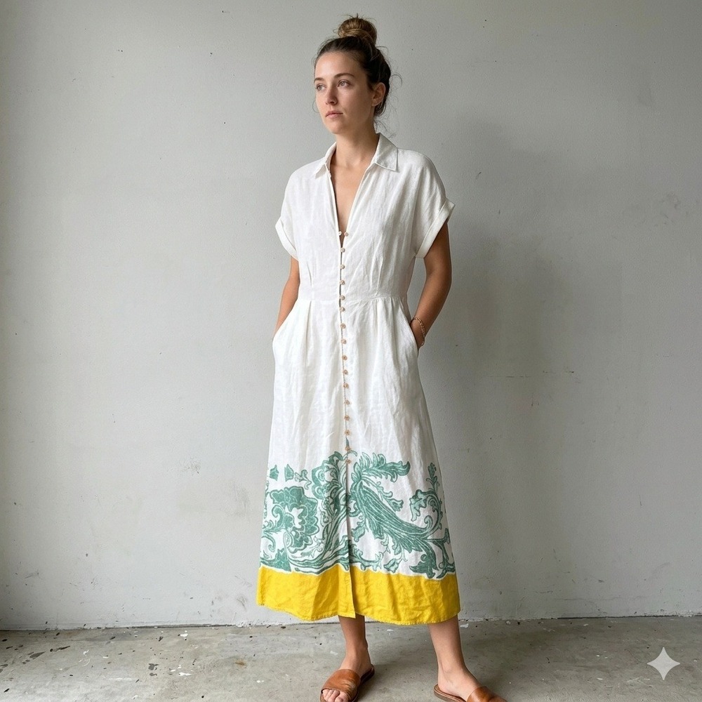 Zara White Midi Dress with Green Print and Yellow Hem
